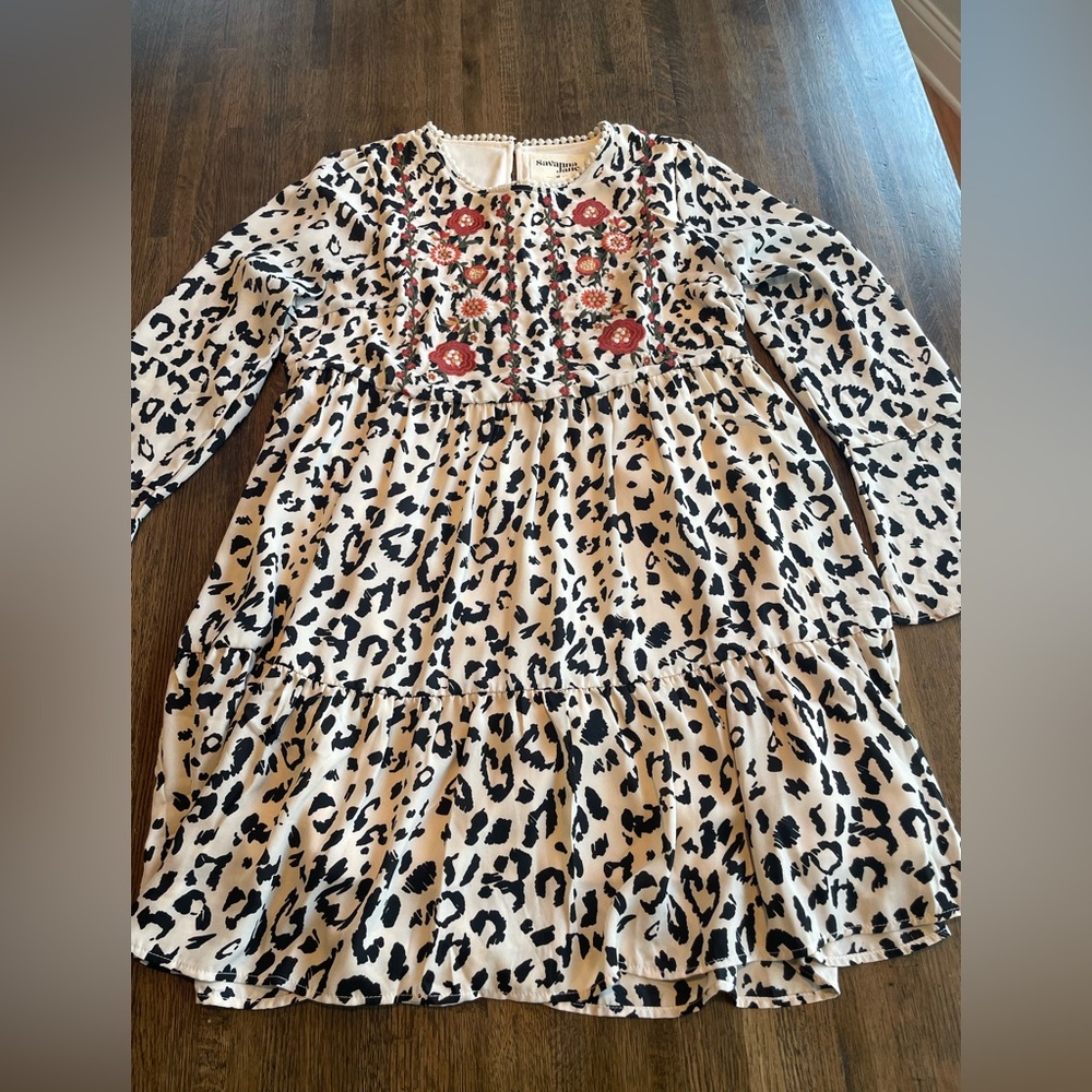 Savanna Jane Dress Boho Flowy Leopard Print Embroidery- size M